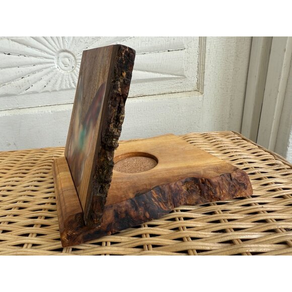 Vintage 70s Candle Votive Holder Live Edge Wood Resin Butterfly Boho - Picture 9 of 10